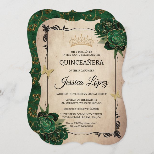 Convite Elegante Verde e Dourada Quinceañera Rustic Aniday (Frente/Verso)