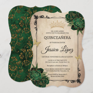 Convite Elegante Verde e Dourada Quinceañera Rustic Aniday