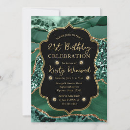 Convite Elegante Verde e Dourado Brilho Ágata Aniversário 