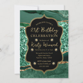 Convite Elegante Verde e Dourado Brilho Ágata Aniversário 