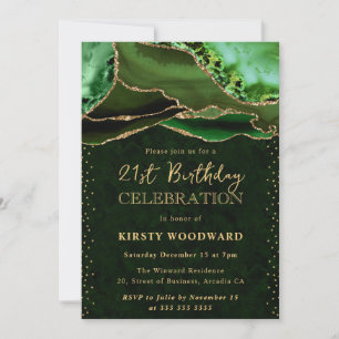 Convite Elegante Verde e Dourado Brilho Ágata Aniversário 