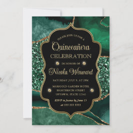 Convite Elegante Verde e Dourado Brilho Ágata Quinceanera