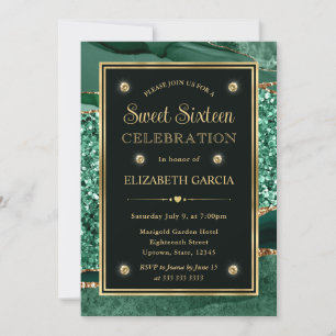 Convite Elegante Verde e Dourado Brilho Ágata Sweet Sixtee