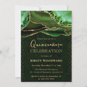 Convite Elegante Verde e Dourado Brilho Quinceanera de Ága