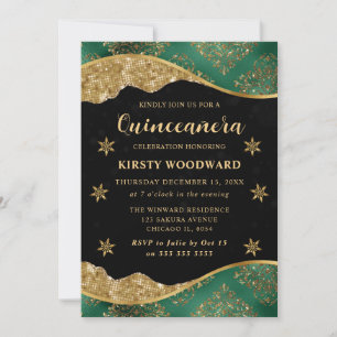 Convite Elegante Verde e Dourado Floco de Neve Quinceanera