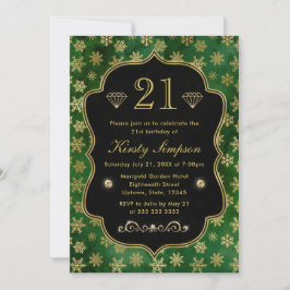 Convite Elegante Verde e Dourado Flocos de Neve de Inverno