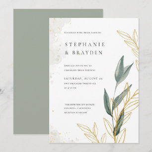 Convite Elegante Verde e Folhas Douradas Casamento em Aqua