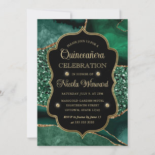 Convite Elegante Verde e Glitter Dourado Quinceanera