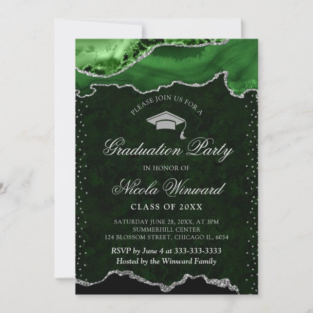 Convite Elegante Verde e Graduação de Ágata Mármore Prata (Frente)