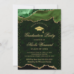 Convite Elegante Verde e Ouro Mármore Ágata Graduação