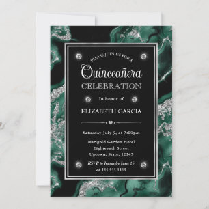 Convite Elegante Verde e Prata Brilho Ágata Quinceanera