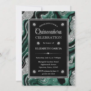Convite Elegante Verde e Prata Brilho Ágata Quinceanera