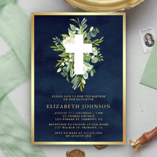 Convite Elegante Verde em Aquarela Azul Marinho Dourado Ba