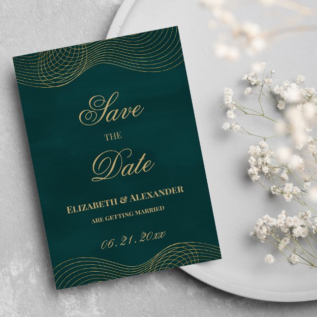 Convite Elegante verde-escura dourado geométrico Salvar a  (Elegant dark green gold geometric Save the Date )
