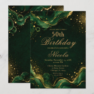Convite Elegante Verde Esmeralda e Tinta Alcoólica Dourada