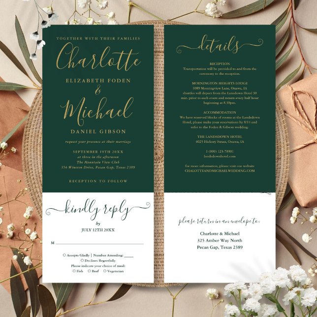 Convite Elegante Verde Esmeralda Moderno Script Dourado (Modern Emerald Green Elegant Gold Script Invitation)