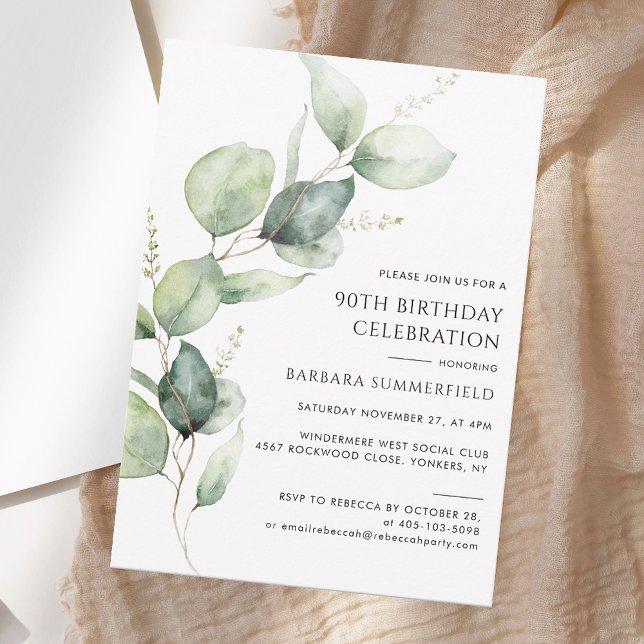 Convite Elegante Verde Eucalyptus 90 Birthday (Elegant Greenery Eucalyptus 90th Birthday Invitation)