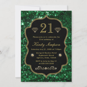 Convite Elegante Verde Falso Brilho e Dourado Aniversário
