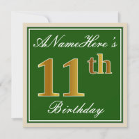 Elegante, Verde, Faux Dourada 11 Aniversário + Nom