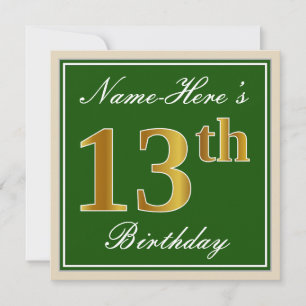 Convite Elegante, Verde, Faux Dourada 13 Aniversário + Nom