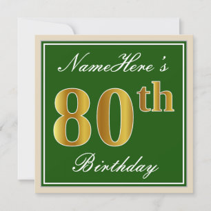 Convite Elegante, Verde, Faux Dourada 80 Aniversário + Nom