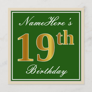 Convite Elegante, Verde, Faux Dourado 19º Aniversário +