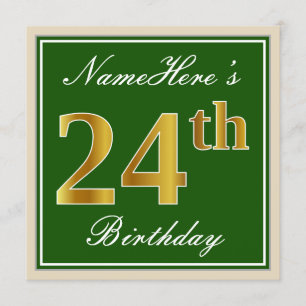 Convite Elegante, Verde, Faux Dourado 24º Aniversário + No