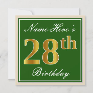 Convite Elegante, Verde, Faux Dourado 28º Aniversário +