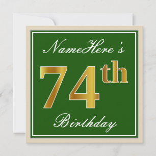 Convite Elegante, Verde, Faux Dourado 74º Aniversário + No
