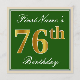 Convite Elegante, Verde, Faux Dourado 76º Aniversário + 