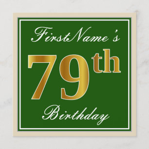 Convite Elegante, Verde, Faux Dourado 79º Aniversário + No