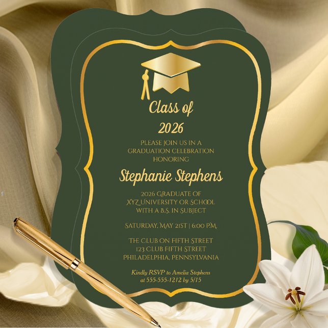 Convite Elegante Verde | FESTA DE FORMATURA DOURADA (Classy Elegant Green and Gold Tone Graduation Cap Grad Party Invitation)