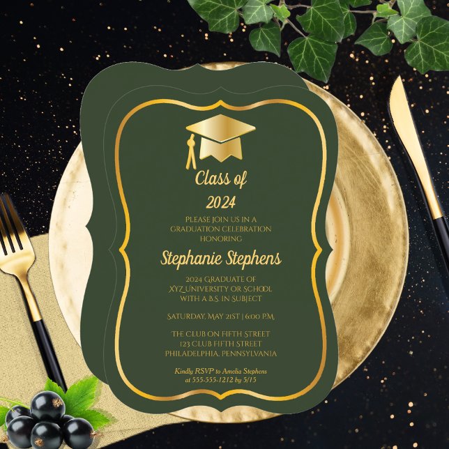 Convite Elegante Verde | FESTA DE FORMATURA DOURADA (Classy Elegant Green and Gold Tone Graduation Cap Grad Party Invitation)