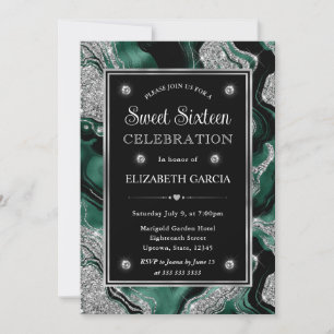 Convite Elegante Verde Folha e Brilho Prata Ágata Sweet 16