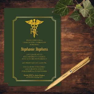 Convite Elegante Verde Formatura da Farmácia Gold Rx Par