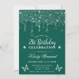 Convite Elegante Verde Gotejando Brilho Aniversário de 21 