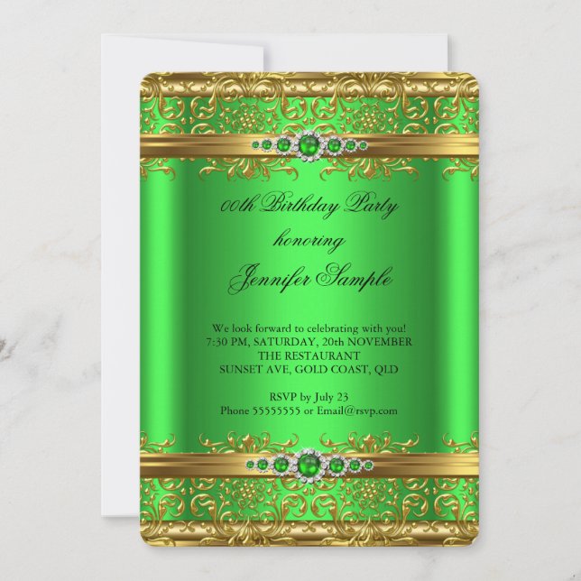 Convite Elegante Verde Lima Dourado Damasco Diamante Anive (Frente)