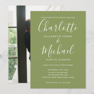 Convite Elegante Verde Musgo Moderno Casamento de Foto em 