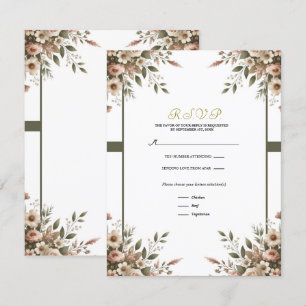 Convite Elegante Verde Oliva & Floral Branco RSVP de Canto