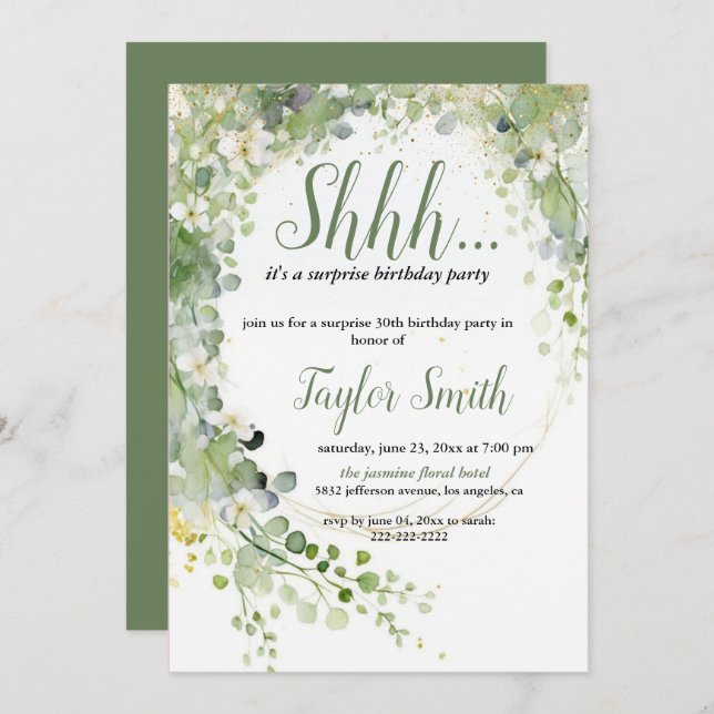 convite elegante verde para festa surpresa floral (Frente/Verso)