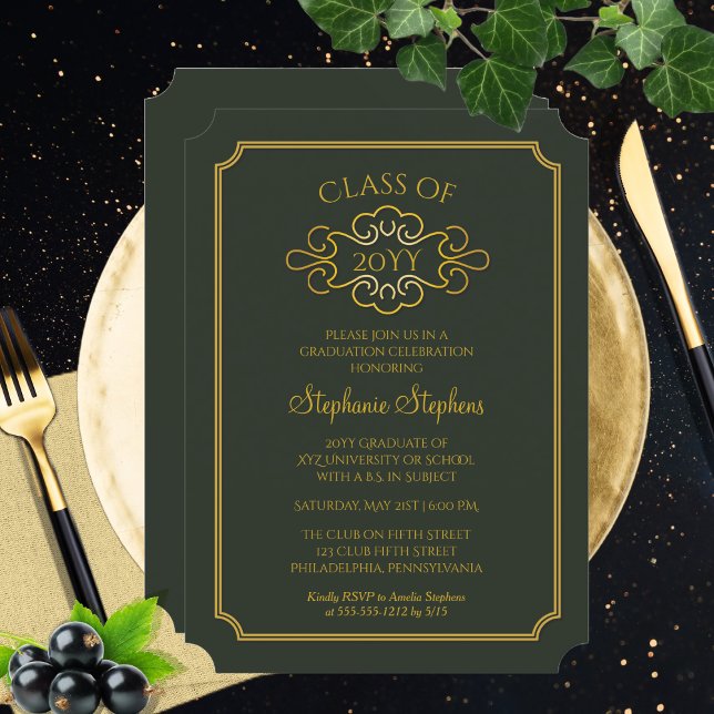 Convite Elegante Verde | Parte Formandos Dourada (Elegant Green and Gold Tone College and University Graduation Announcement and Party Invitation)