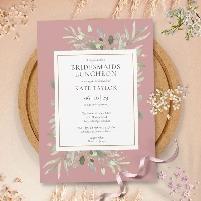 Convite Elegante Verde Poeira Rosa Almoço de Damas de Honr (Elegant Greenery Dusty Rose Bridesmaids Luncheon Invitation)