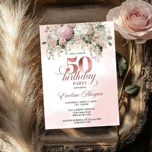 Convite Elegante Verde Rosa Dourado Aniversário de 50 anos