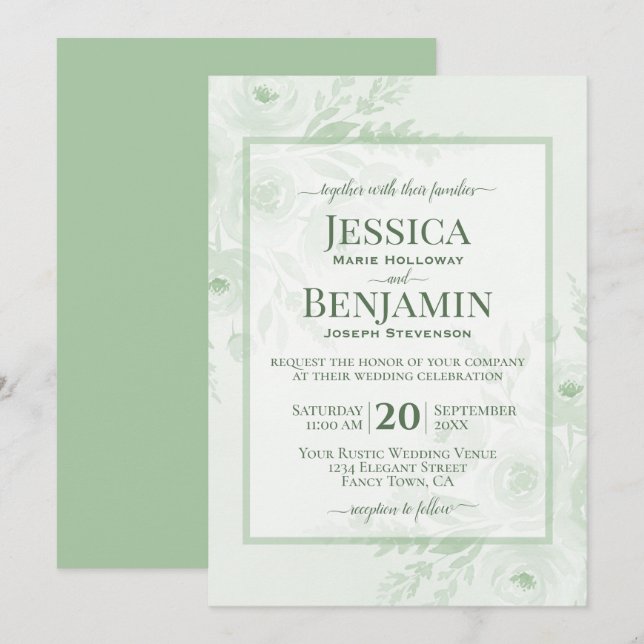 Convite Elegante Verde Sage Boho Chic Floral Casamento (Frente/Verso)