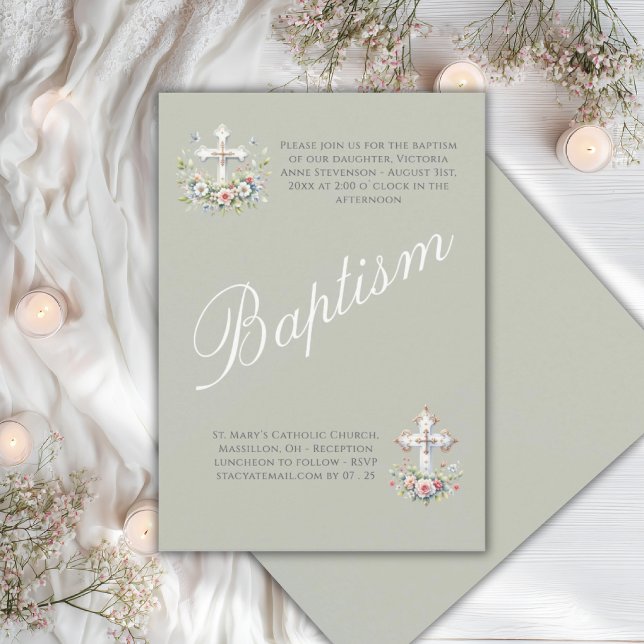 Convite Elegante Verde Sage Religião Batismo de Bebê (Criador carregado)