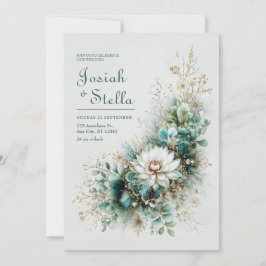 Convite Elegante Verde Teal Dourado Branco Casamento Flora