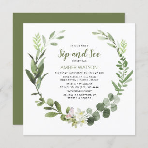 Convite Elegante Verde Wreath Sip And See Party