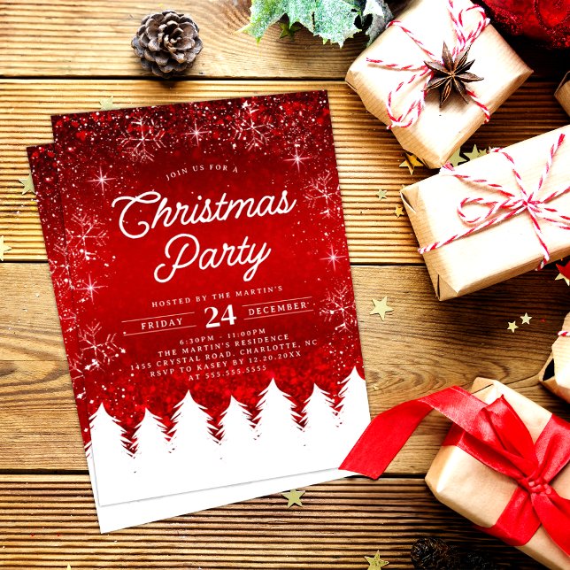 Convite Elegante Vermelho | Árvores e flocos de neve Festa (Criador carregado)
