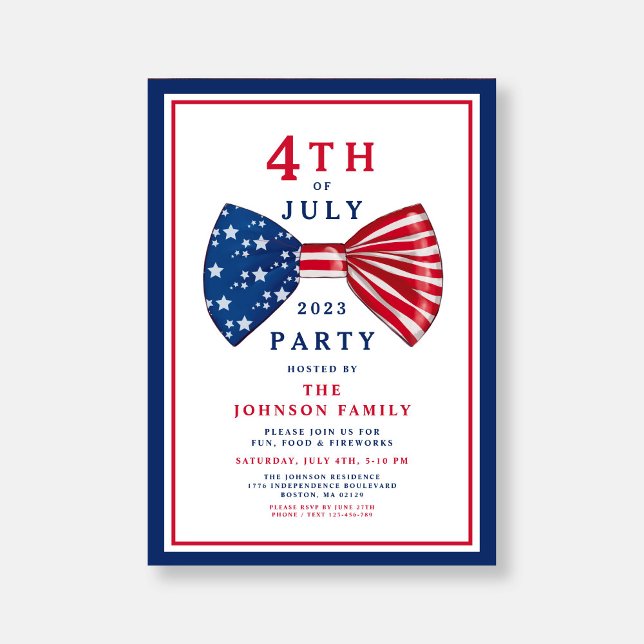Convite Elegante Vermelho Branco Azul 4 De Julho (Elegant Red White Blue 4th Of July Invitation)