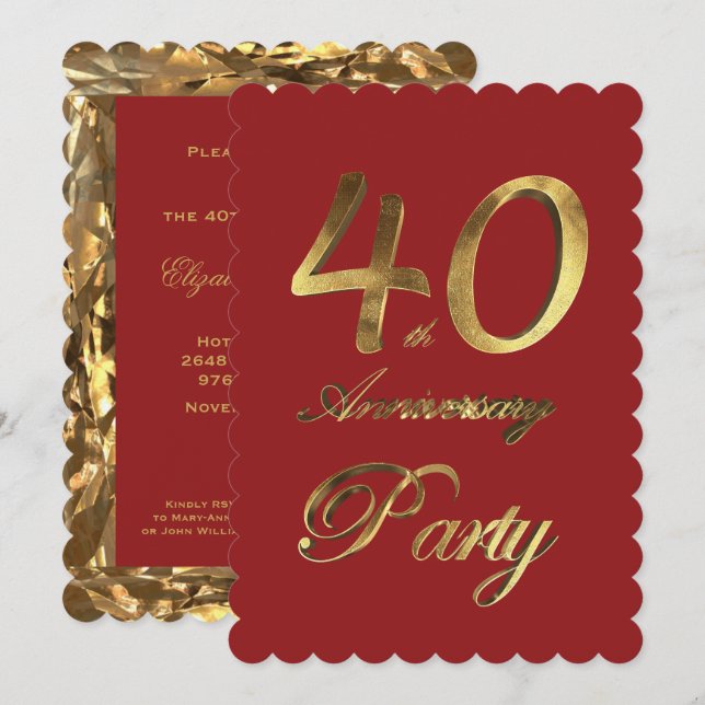 Convite Elegante Vermelho Dourado do aniversário de 40 ano (Frente/Verso)